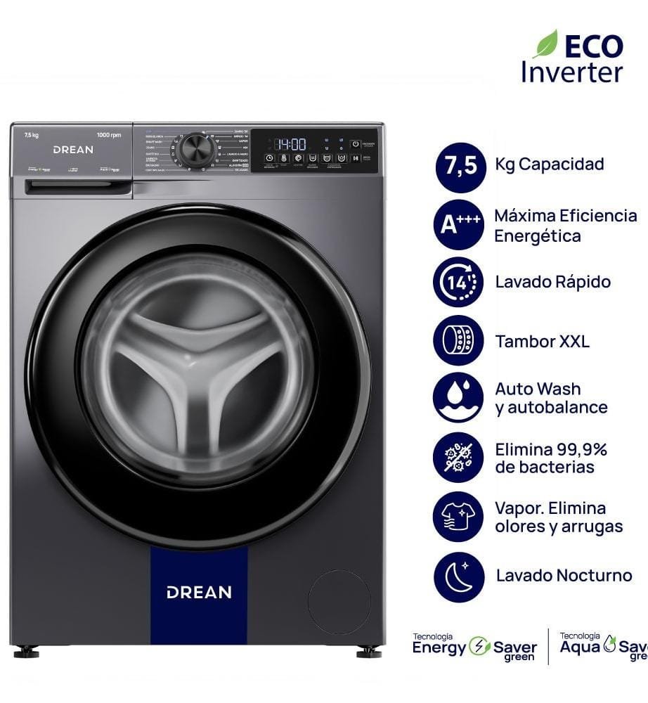 *↘️LAVARROPA DREAN "7.5" KILOS ECO INVERTER GRIS↙️(MODELO:LFDR0710ISGO)