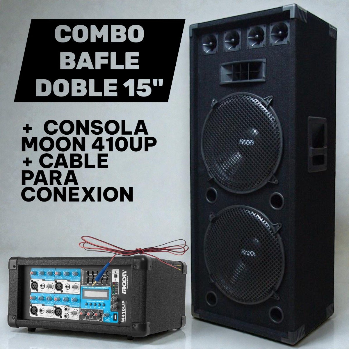 *🔊COMBO BAFLE DOBLE MOOM "15" + CONSOLA MOOM 410UP + CABLE PARA CONEXIÓN
