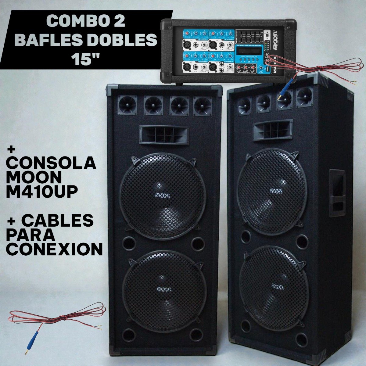 🔊COMBO 2 | BAFLE DOBLES MOOM "15" + CONSOLA MOOM 410UP + CABLE PARA CONEXIÓN🔊* •2 WOOFER DE '15' •4 TWEETER