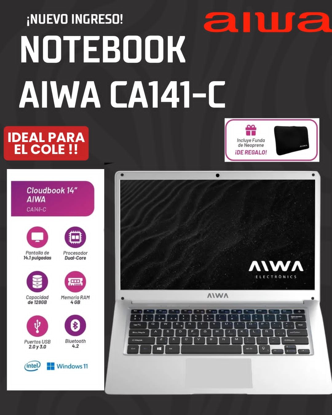 💻NOTEBOOK AIWA CA141-C PANTALLA 14,1" 128SSD, 4GB RAM INTEL CELERON N4020🔉🖱️